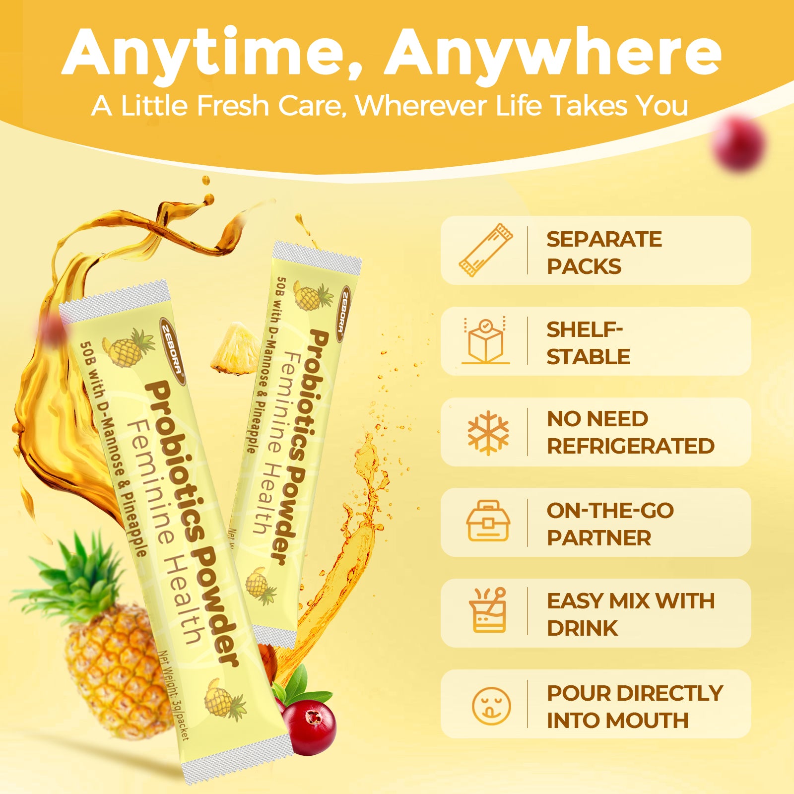 Vaginal Probiotic Powder for Women 50 Billion CFU 30 Packets Pineapple