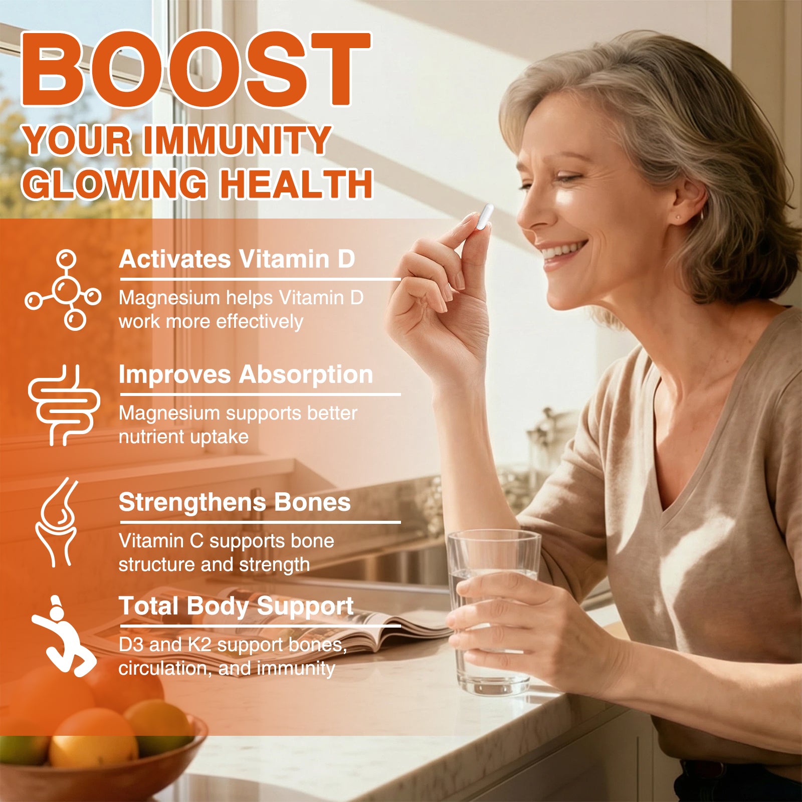 Vitamin D3 K2 5000 IU – 6-in-1 Bone & Immune Support with Magnesium & Calcium, 120 Caps