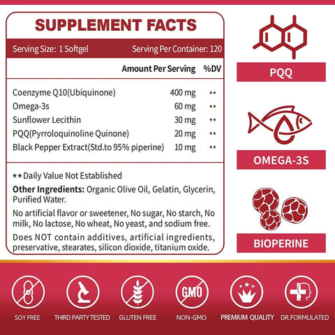 ZEBORA CoQ10 Supplement 200mg Softgels with PQQ, Suitable for Adults
