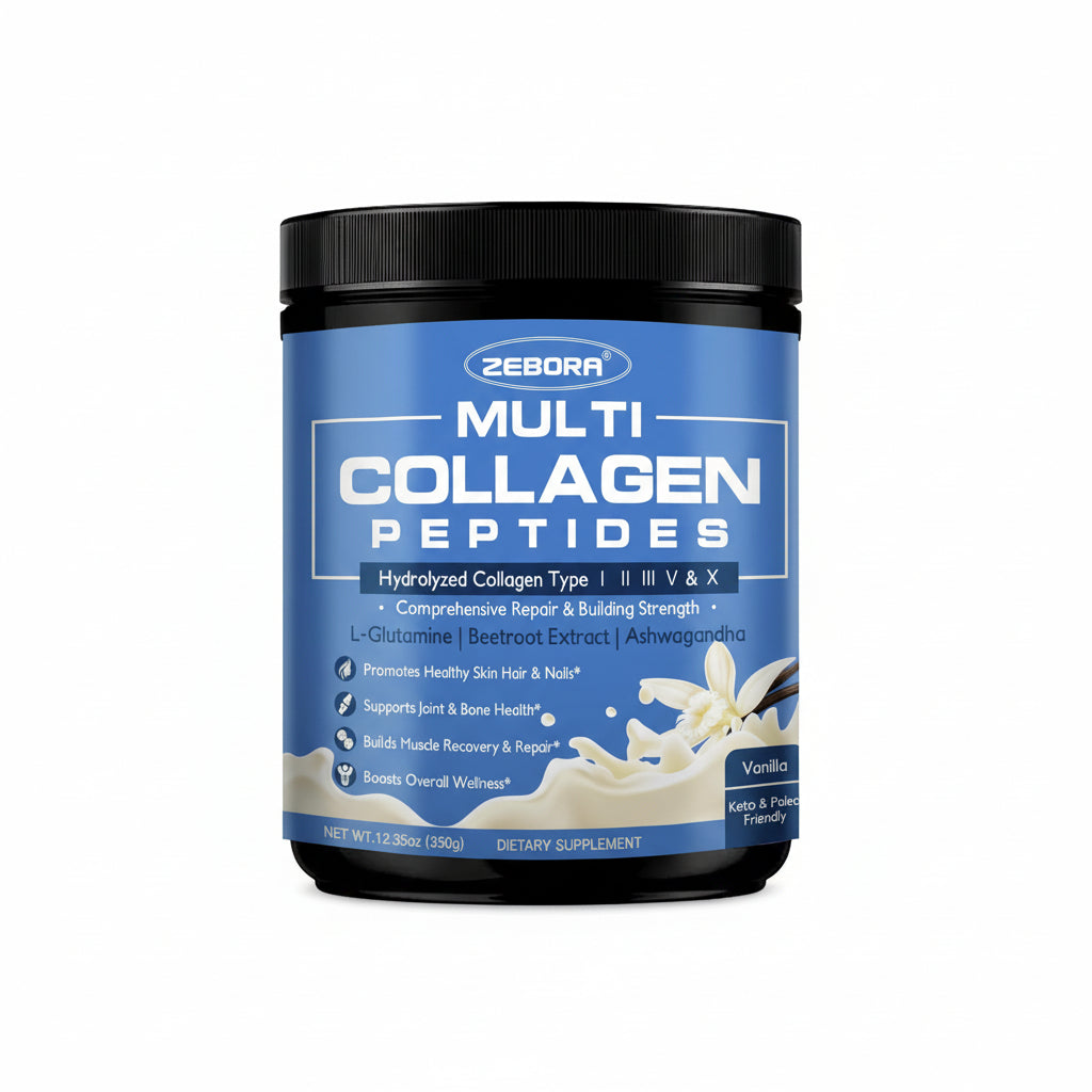ZEBORA Multi Collagen Peptides, Vanilla Powder, 35 Servings