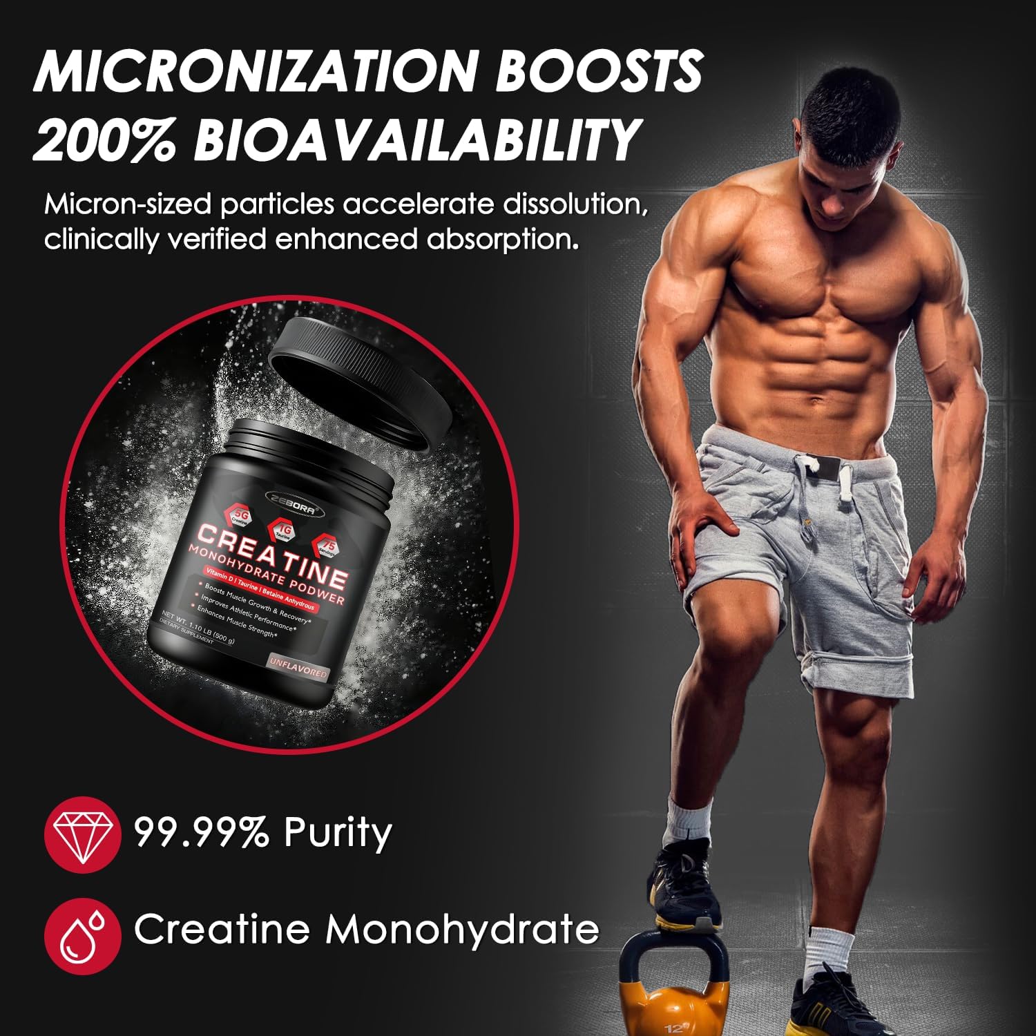 Creatine Monohydrate Powder – Strength, Muscle Growth & Recovery Support for Men & Women, 5g Creatine + 1g Taurine