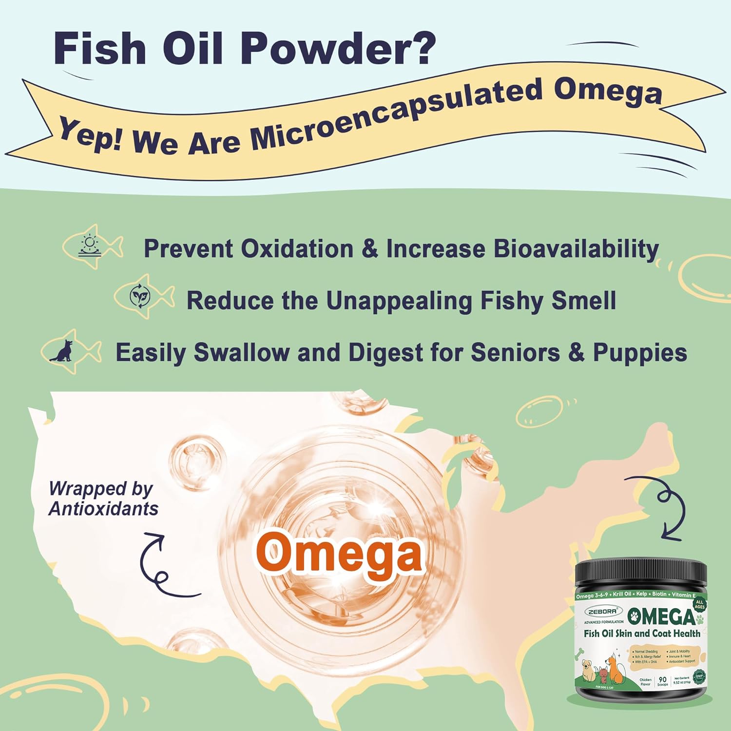 Our fish oil powder for dogs & cats is beneficial for easy swallowing and digestion