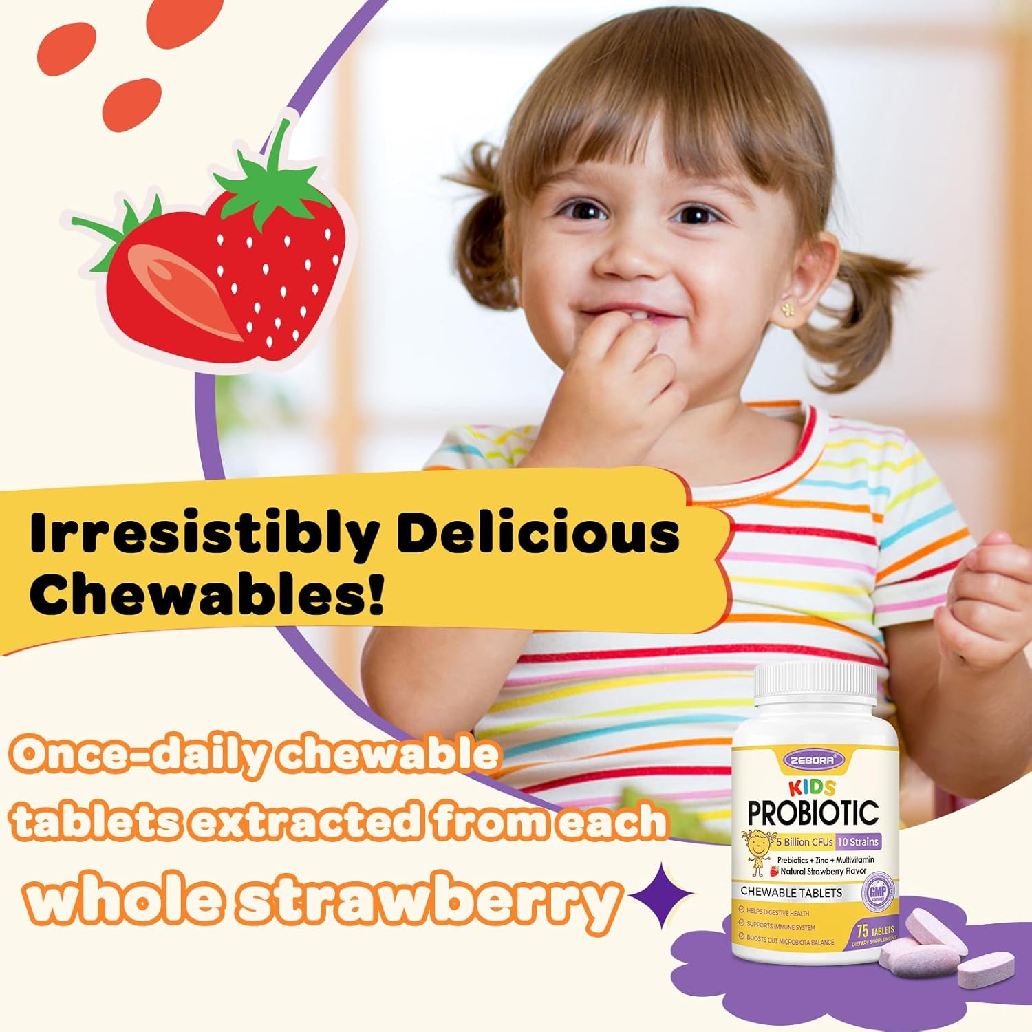 Kids Probiotic Chewables – 5B CFU Gut & Immune Support with Prebiotics, Vitamin C & Zinc, 75 Servings