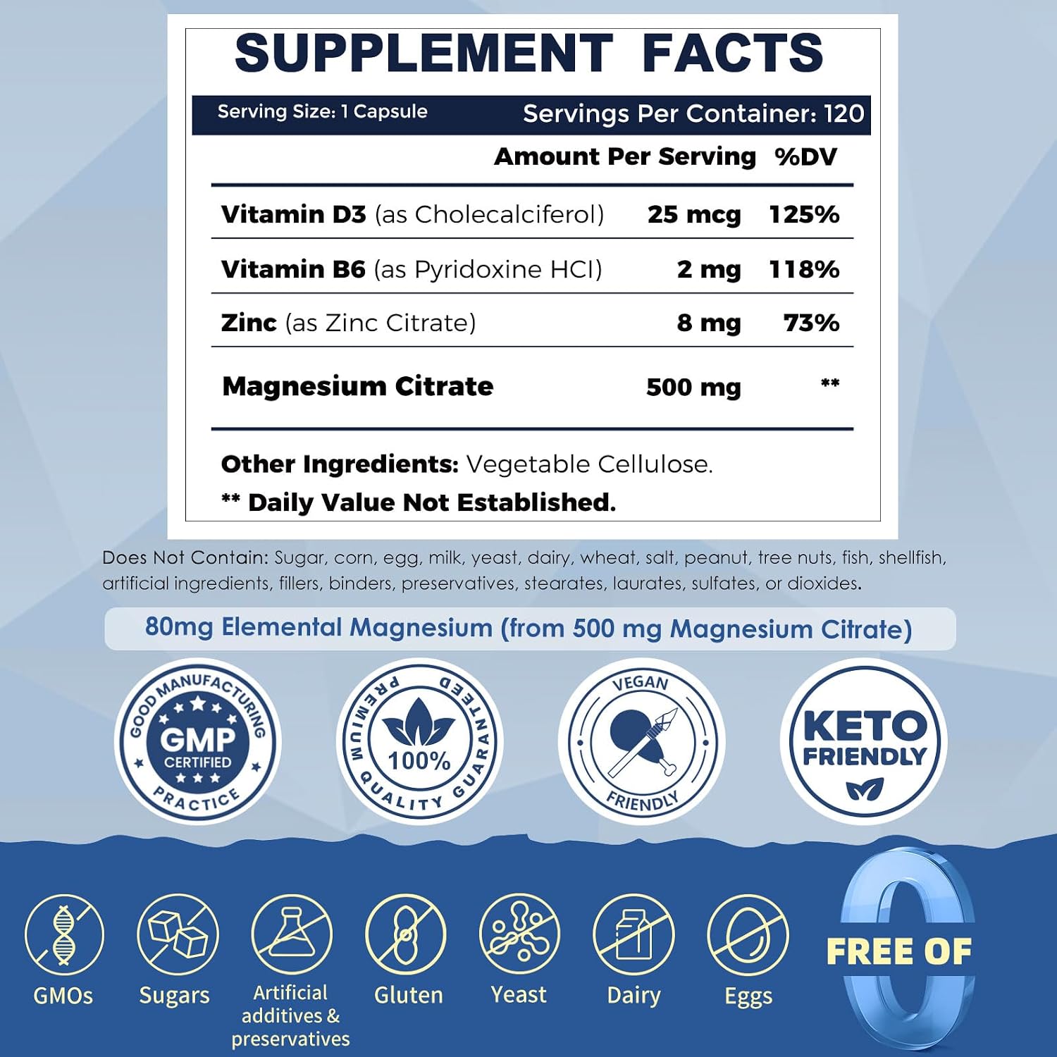 ZEBORA Magnesium Citrate 500mg with Zinc & Vitamin D3 B6, 120 Capsules
