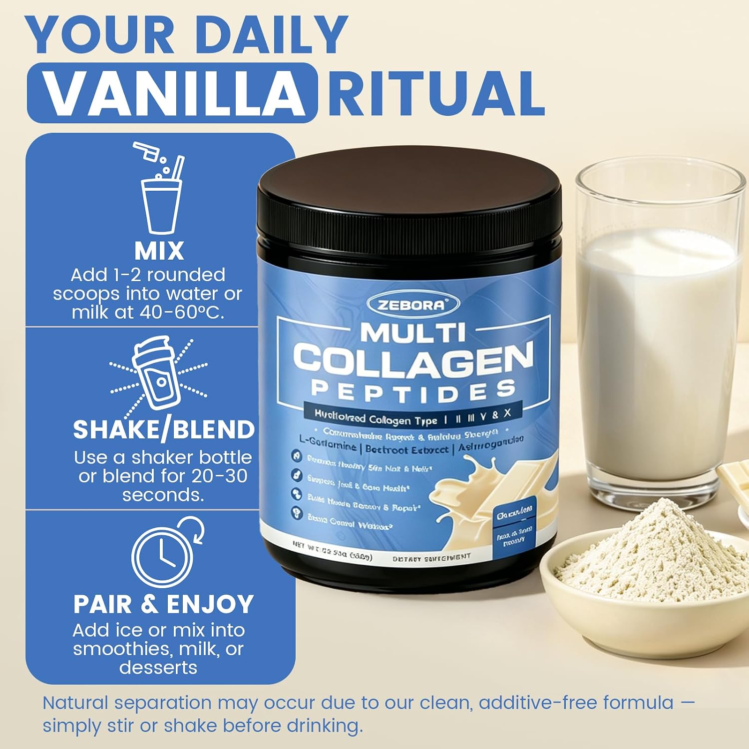 ZEBORA Multi Collagen Peptides, Vanilla Powder, 35 Servings