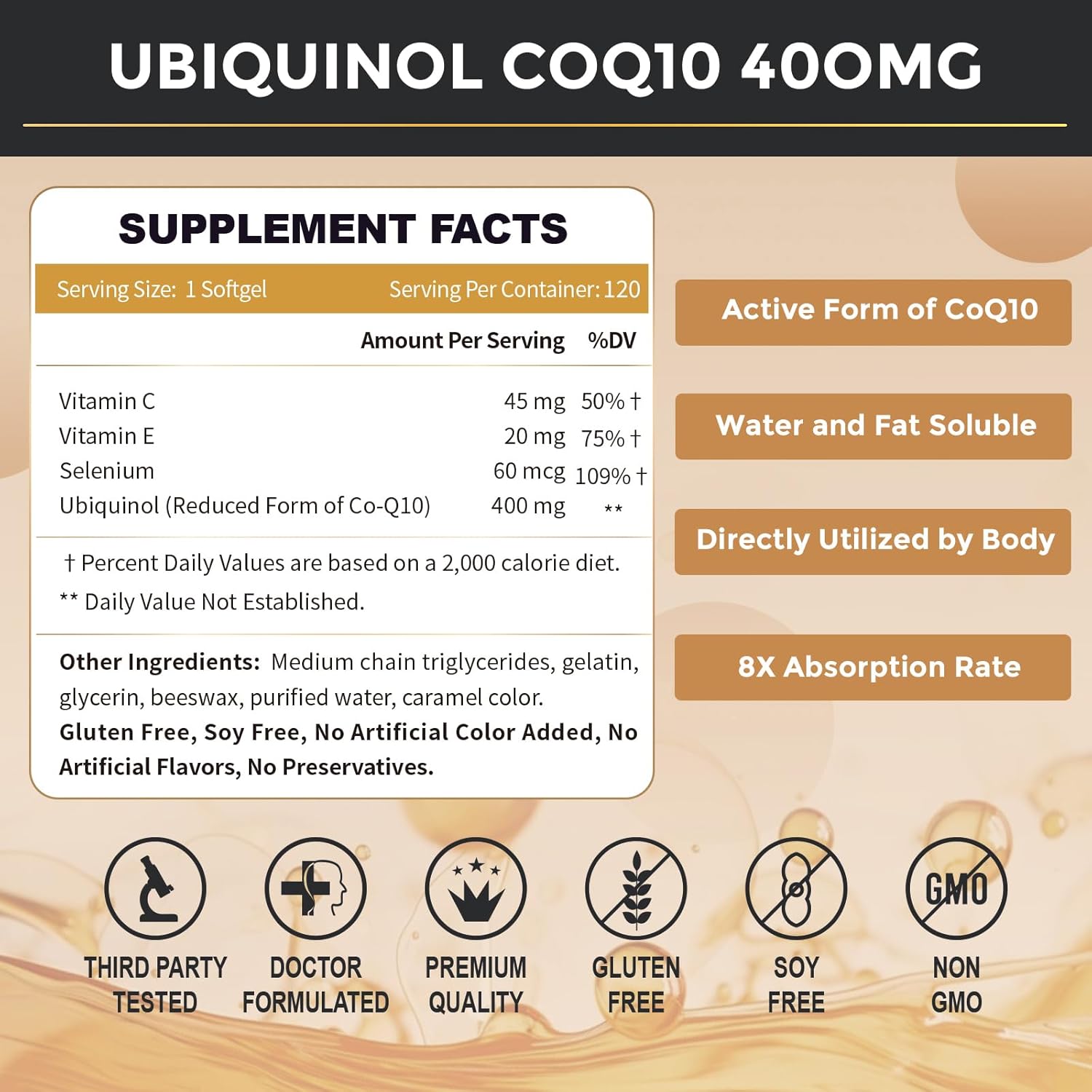 Ubiquinol CoQ10 400mg with Vitamin C E and Selenium 4 in 1 Heart Health and Energy Support 120 Softgels