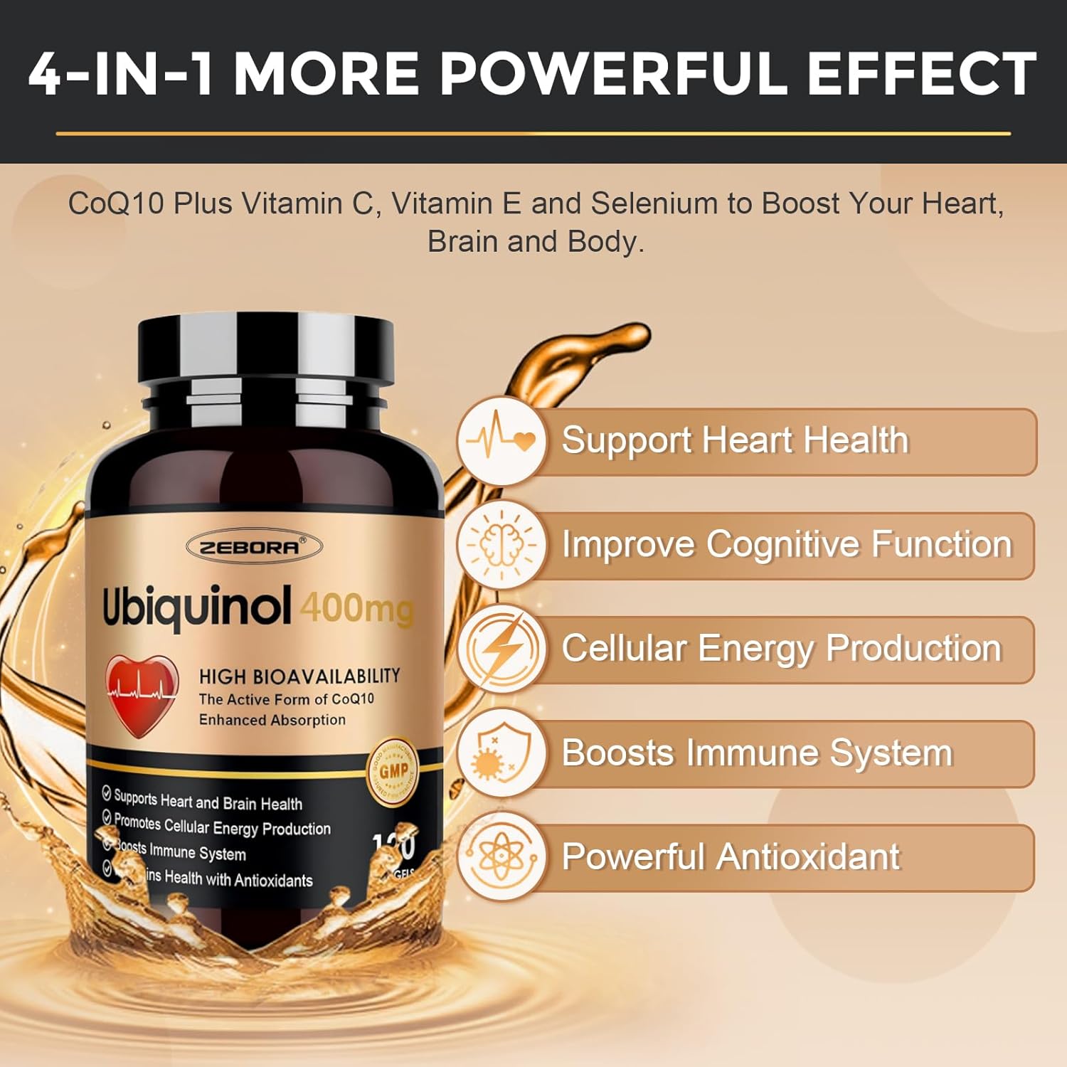 Ubiquinol CoQ10 400mg with Vitamin C E and Selenium 4 in 1 Heart Health and Energy Support 120 Softgels
