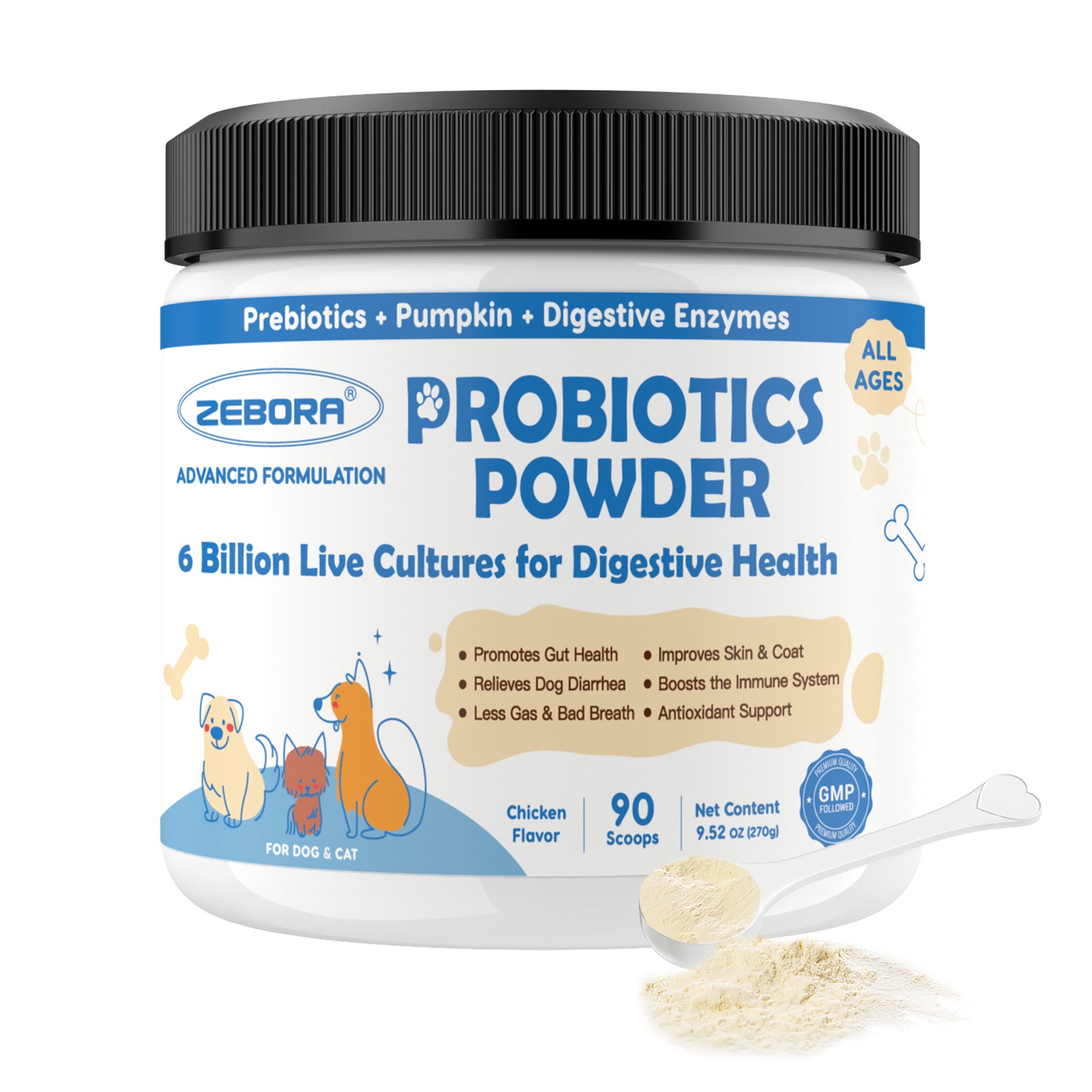 Probiotics for Dogs, Probiotic Powder with Pumpkin, Prebiotics & Digestive Enzymes, 6 Billion CFUs Dog Probiotics for Digestive Health, Gut & Immune Health, Chicken Flavor, 90 Scoops