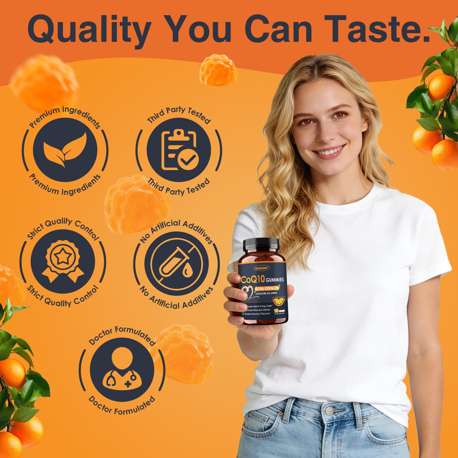 CoQ10 Supplement 200mg Gummies for Heart and Immune Support, Natural Orange, 90 Gummies