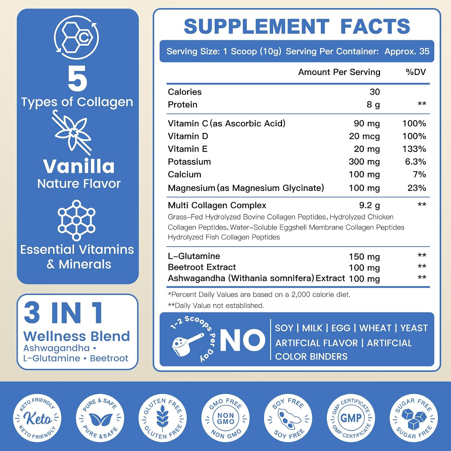 ZEBORA Multi Collagen Peptides, Vanilla Powder, 35 Servings
