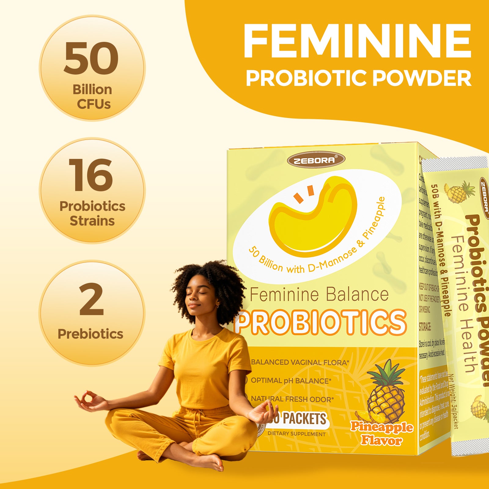 Vaginal Probiotic Powder for Women 50 Billion CFU 30 Packets Pineapple