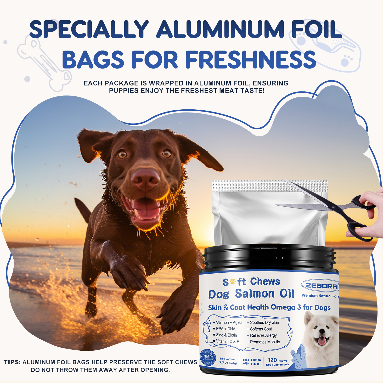 Salmon Oil for Dogs Skin and Coat - Omega 3 6 9 Fish Oil Soft Chews for Dogs Itchy Skin Relief - Dog Fish Oil Supplements EPA DHA Rich with Vitamins C & E - Allergy Relief & Shedding, 120 Ct