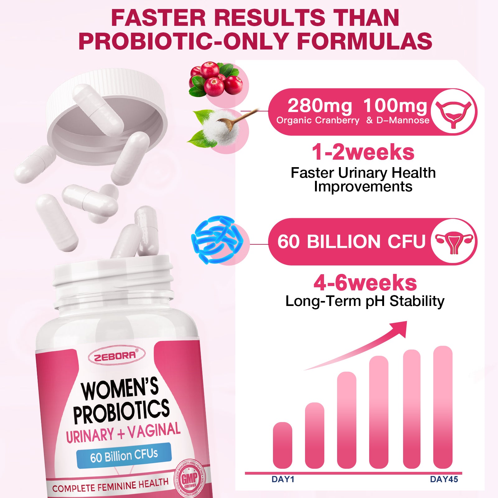 Probiotics for Women, Vaginal Probiotic with Cranberry, Organic Prebiotics, D-Mannose, & Vitamin C, 90 Vegan Capsules