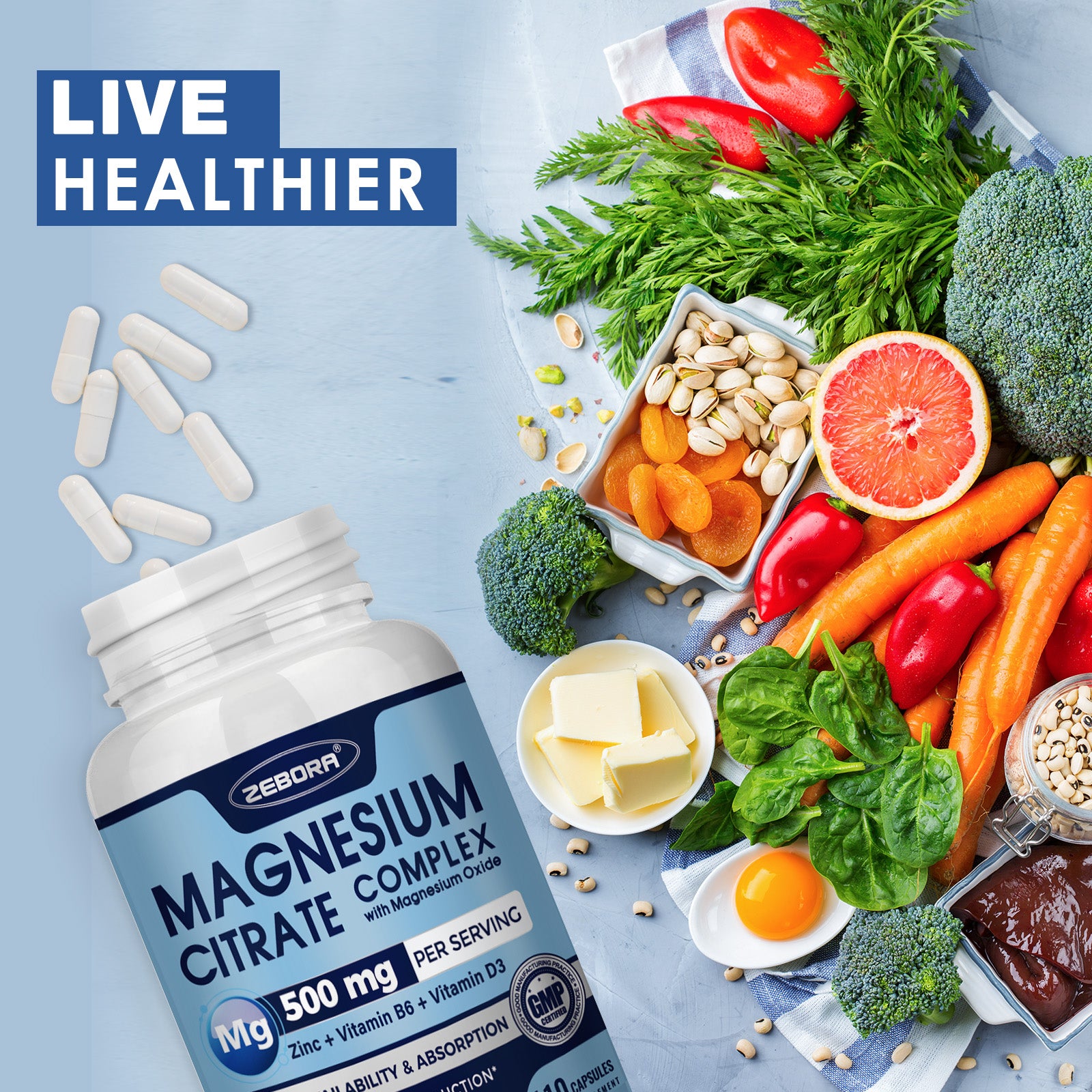 High Absorption Triple Magnesium Complex with Zinc and D3 for Total Body Support Vegan 120 Capsules
