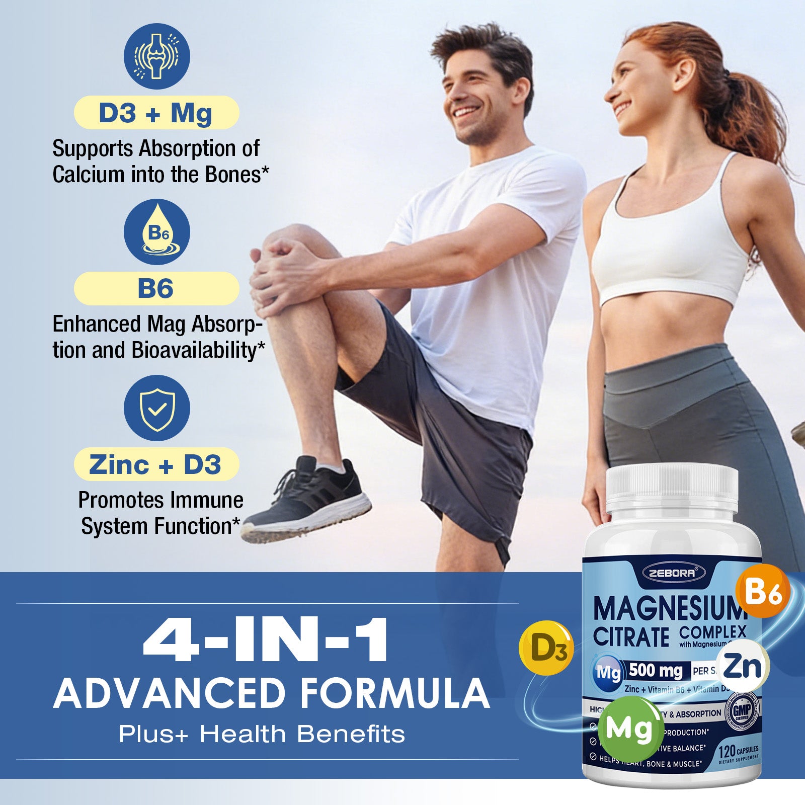 High Absorption Triple Magnesium Complex with Zinc and D3 for Total Body Support Vegan 120 Capsules