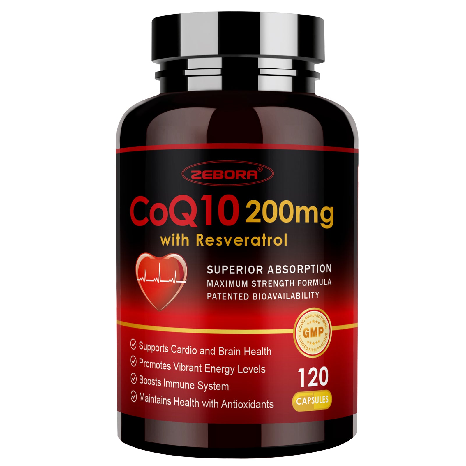 CoQ10 200mg with Trans-Resveratrol, PQQ and Vitamin E for Heart Support and Energy, 120 Veggie Capsules