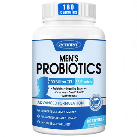 Probiotic for Men - 100 Billion CFU, Men's Probiotics for Gut Health, Prebiotics + Enzymes + Saw Palmetto + Cranberry, 180 Caps