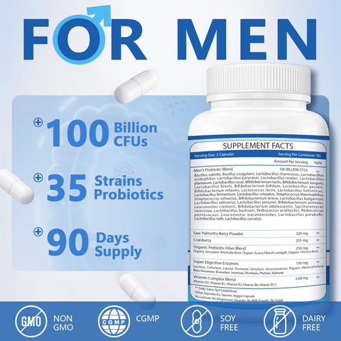 Probiotic for Men - 100 Billion CFU, Men's Probiotics for Gut Health, Prebiotics + Enzymes + Saw Palmetto + Cranberry, 180 Caps