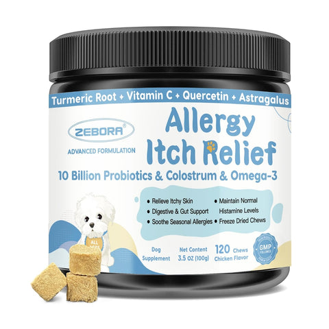 Dog & Cat Allergy Relief Chews with Probiotics, Omega 3, and Colostrum