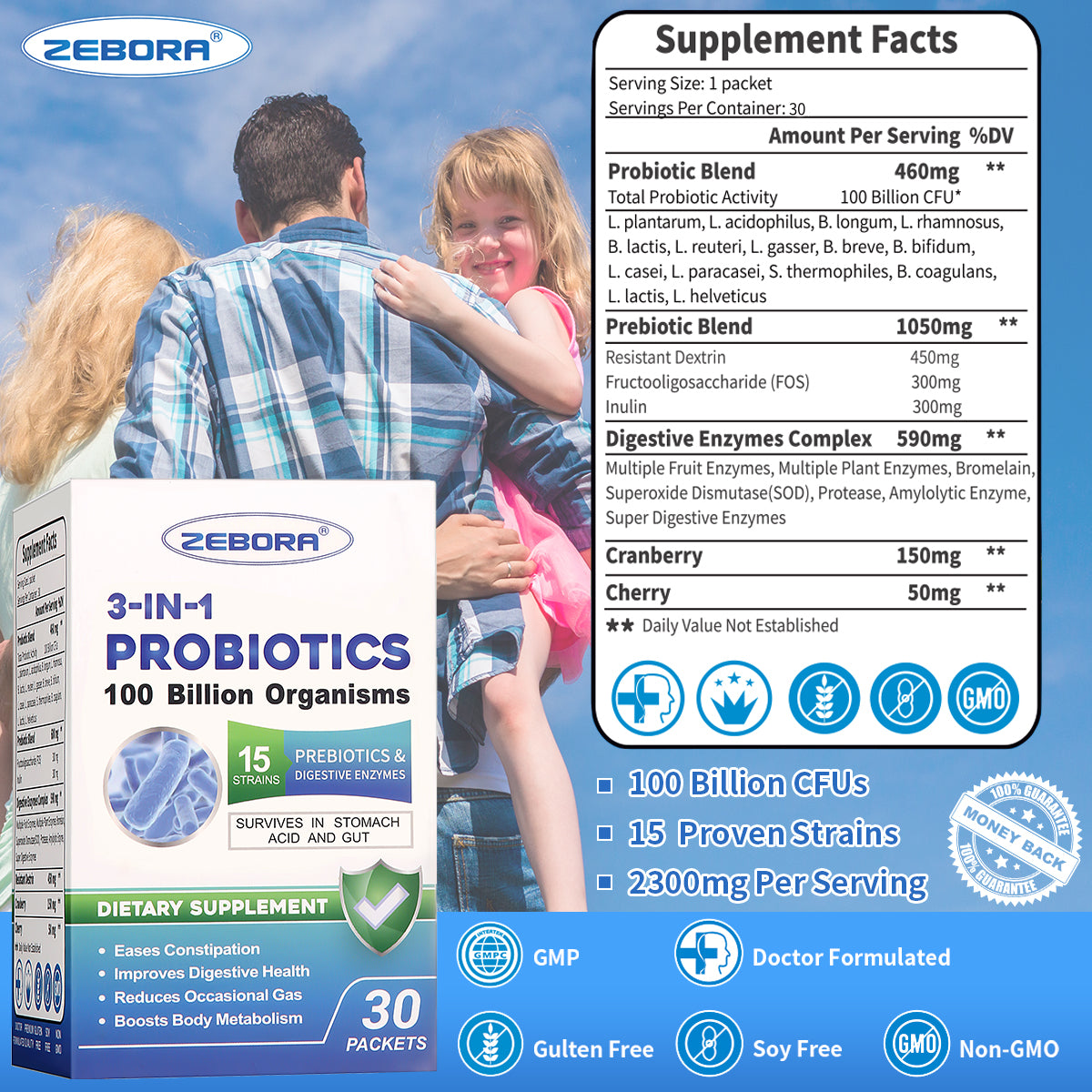 ZEBORA Probiotics 100 Billion CFU + Prebiotics for Adults