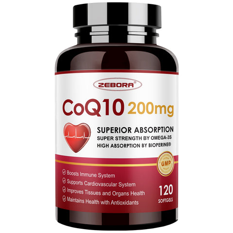 ZEBORA CoQ10 200mg Softgels with PQQ, Suitable for Adults